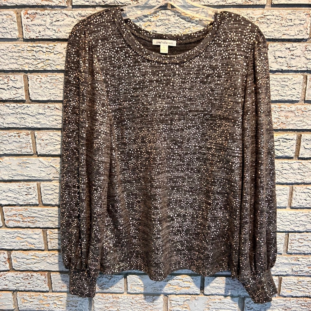 John Paul Richard Womens Gray Metallic Foil Dot Puff Sleeve Knit Top Large